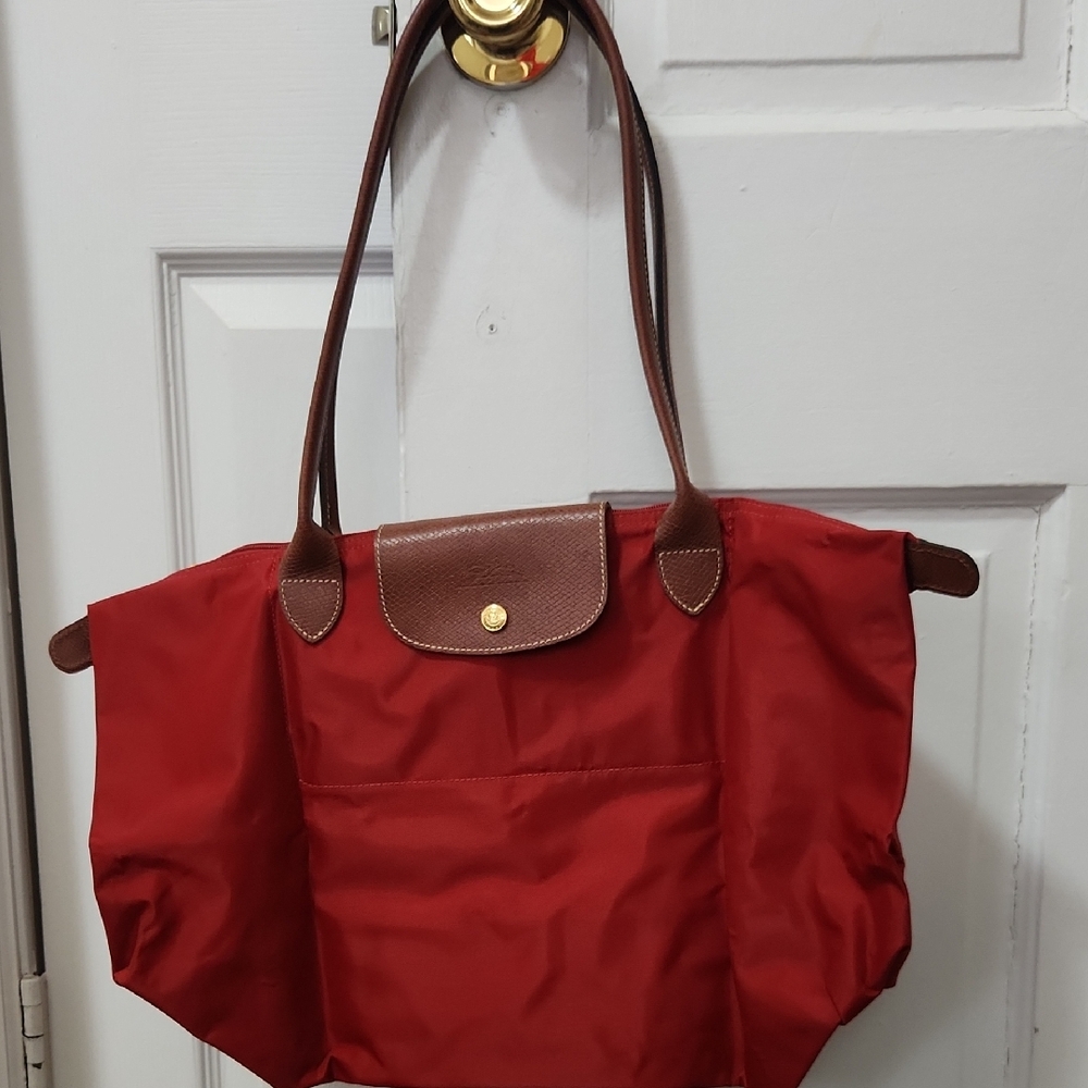 Longchamp Les Pliages Medium-Sized Red Nylon Tote with Brown Leather Trim